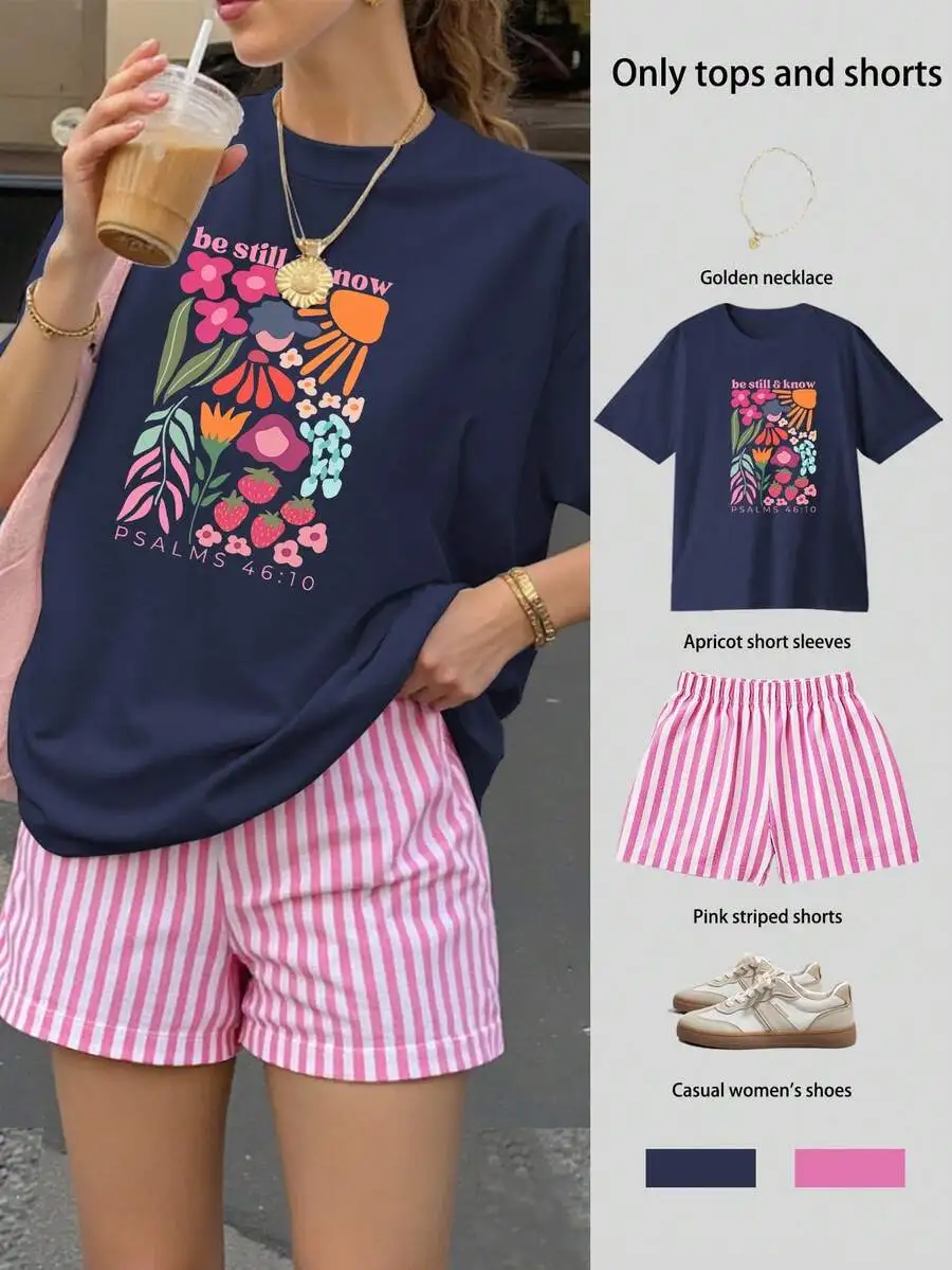 

Womens Loose Fit Short Sleeve Top And Striped Shorts Set Summer Outfit