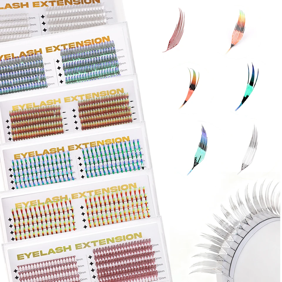 

Holographic Aurora Color Spire Eyelash Tinsel Anime Premade Fans Feather Shaped Dual Side Color Comic Lash for Christmas Cosplay