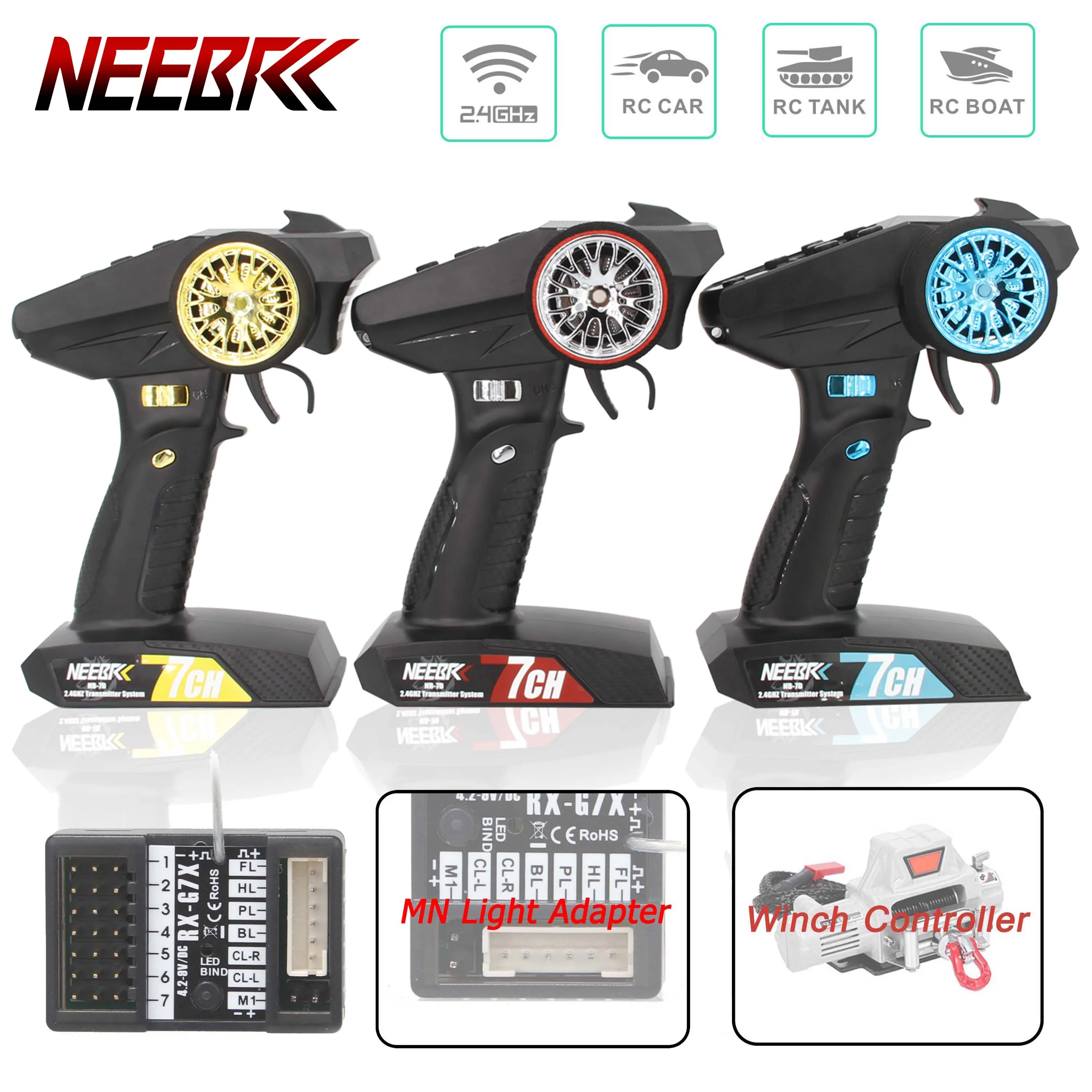 NEEBRC 7-kanałowy nadajnik 2.4G Wodoodporny odbiornik Adapter światła Sterownik wciągarki System radiowy do samochodów RC MN99S MN78 MN82 Część do czołgu