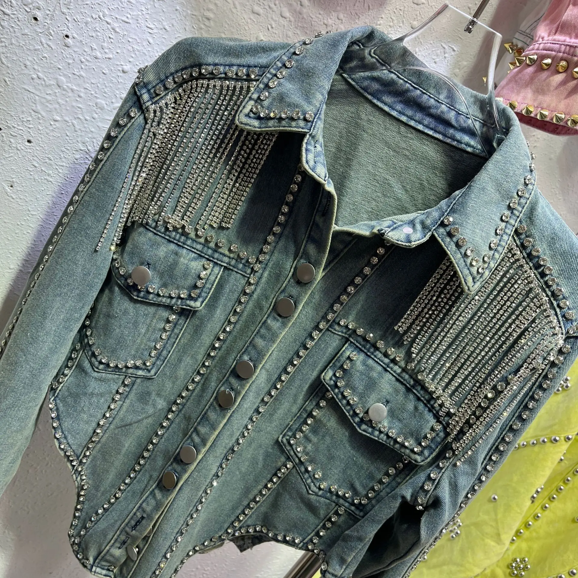 2024 Spring Coat Woman Luxury Handmade Beaded Women Jeans Jackets Fashion Heavy Chain Fringed Denim Jacket Female