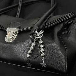 New Punk Pentagram Metal Key Ring Round Bead Pendant Phone Pendant Silver Handbag Decoration