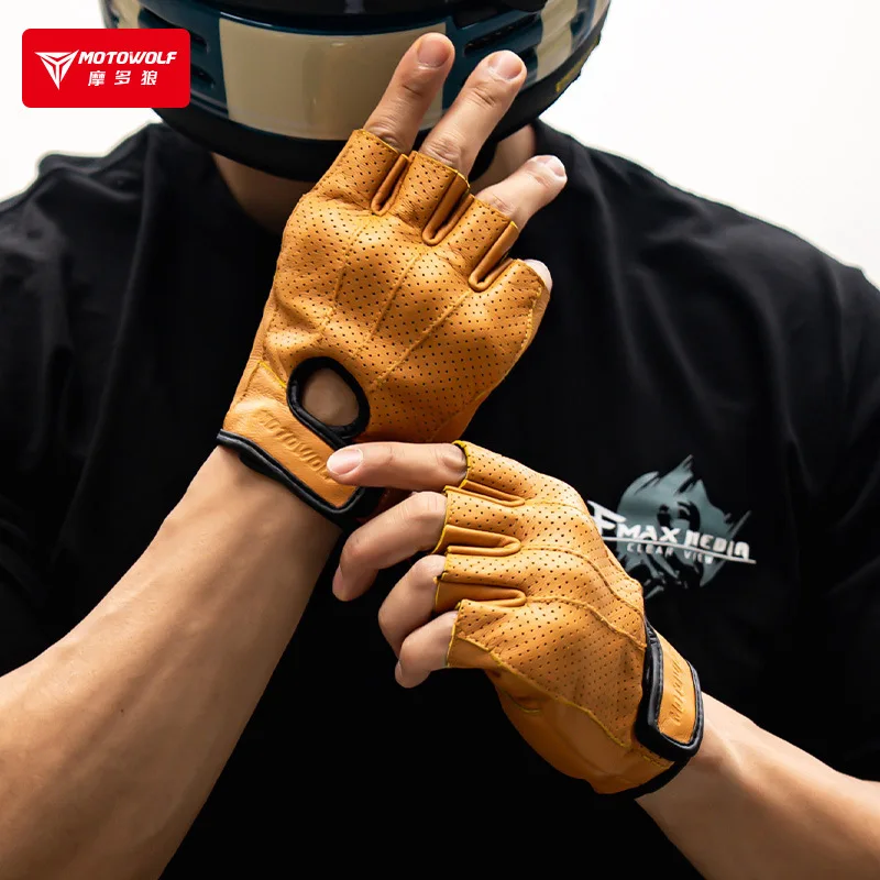 Gants de Moto en cuir d\'été à demi-doigts, Guantes Verano Luva Motociclista, gants de Moto tactiques rétro 오토바