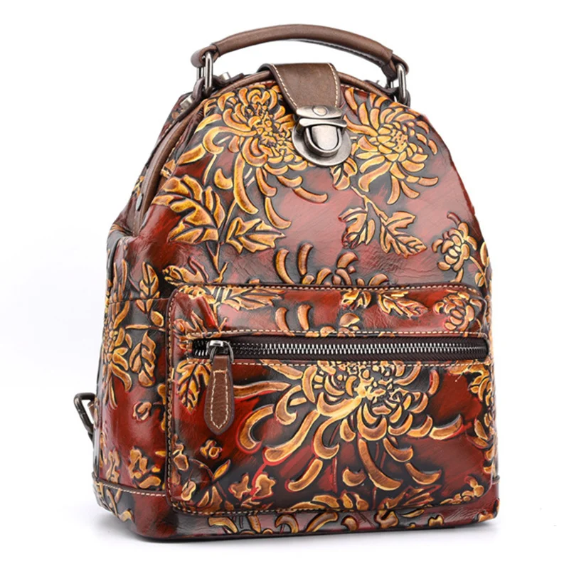 

Women Natural Skin Rucksack Knapsack Embossed Brush Color Floral Pattern Travel Bag Retro Genuine Leather Backpack Daypack