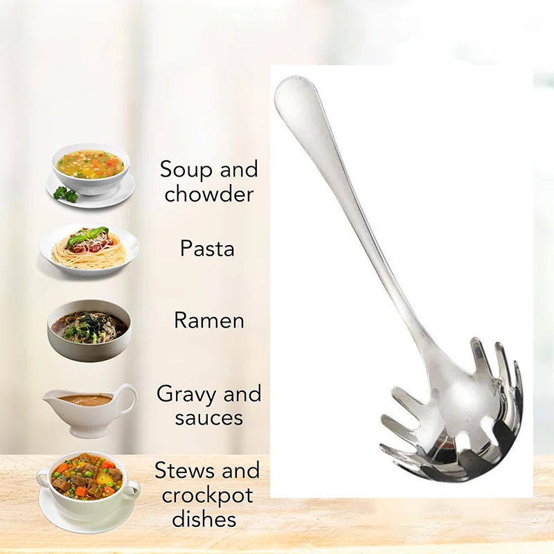 Servidor de Pasta de cocina con dientes, acero inoxidable, garra de espagueti ranurada para servir y colar fideos, cuchara
