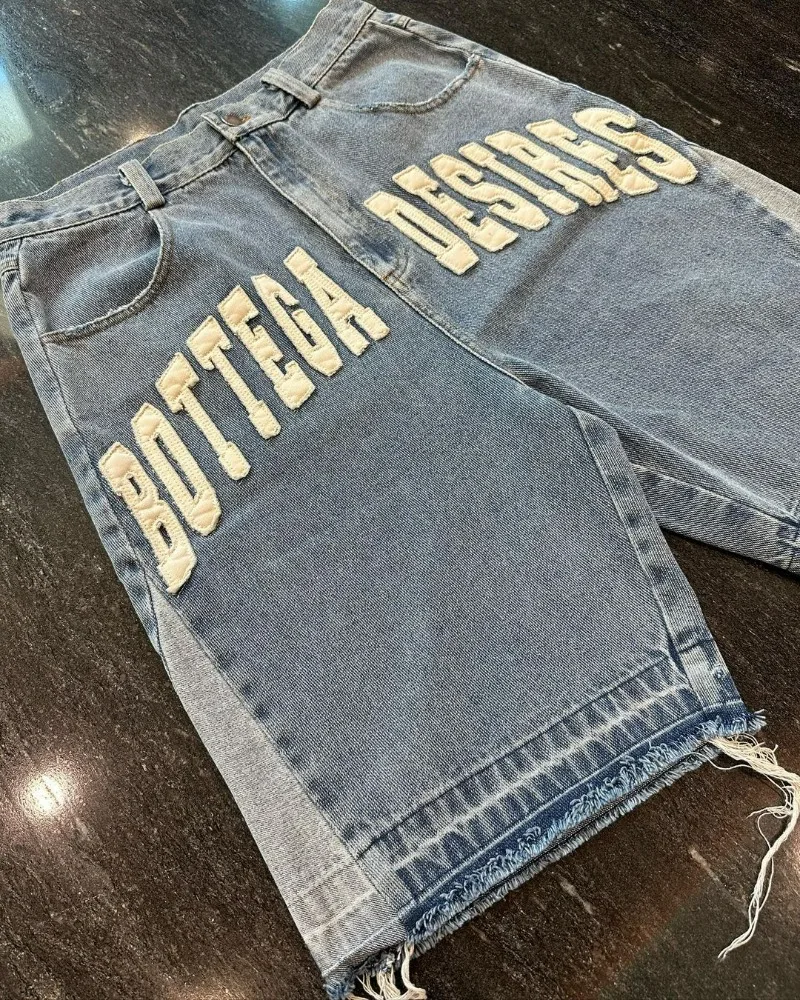 American Retro Fashion Brand Clothing Letter Embroidered Denim Shorts Men Y2k Street Fashion Loose Oversized Shorts Women