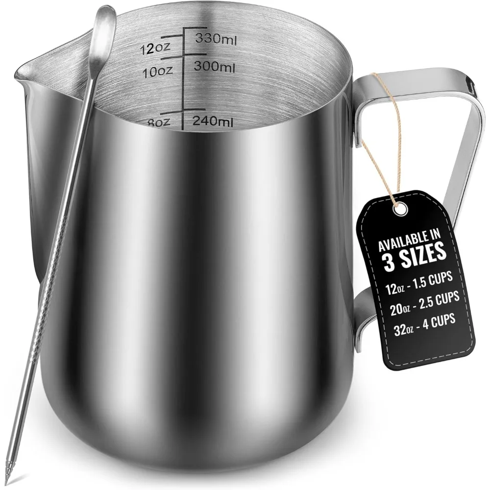 

Stainless Steel Milk Frothing Pitcher with Latte Art Pen - 12oz, 20oz, 32oz Sizes, Measurement Markings