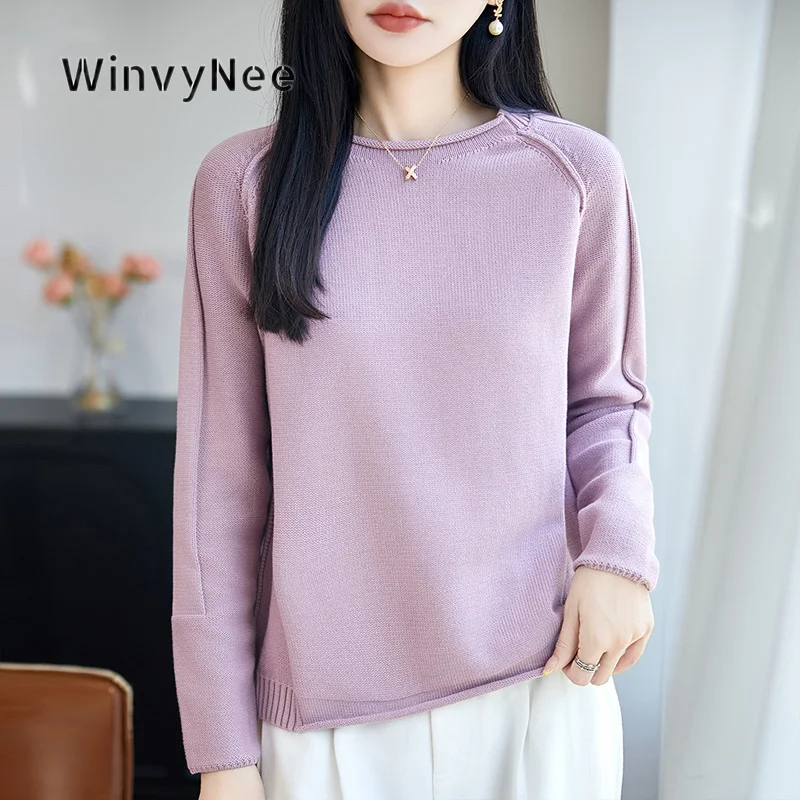 WinvyNee Women Straight Cut Knitted Top 100% Cotton Crew Neck Raglan Sleeve Jumper Autumn Winter Soft Skin Touch Wears ZA1892044
