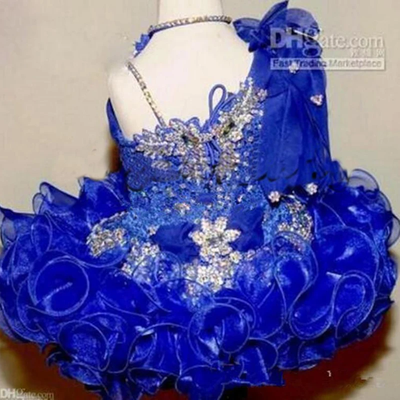 Cute Girl\'s Glitz Pageant Dresses Royal Blue Lace Beads Crystal Pageant Party Gowns Girl Tiers Toddler Customized