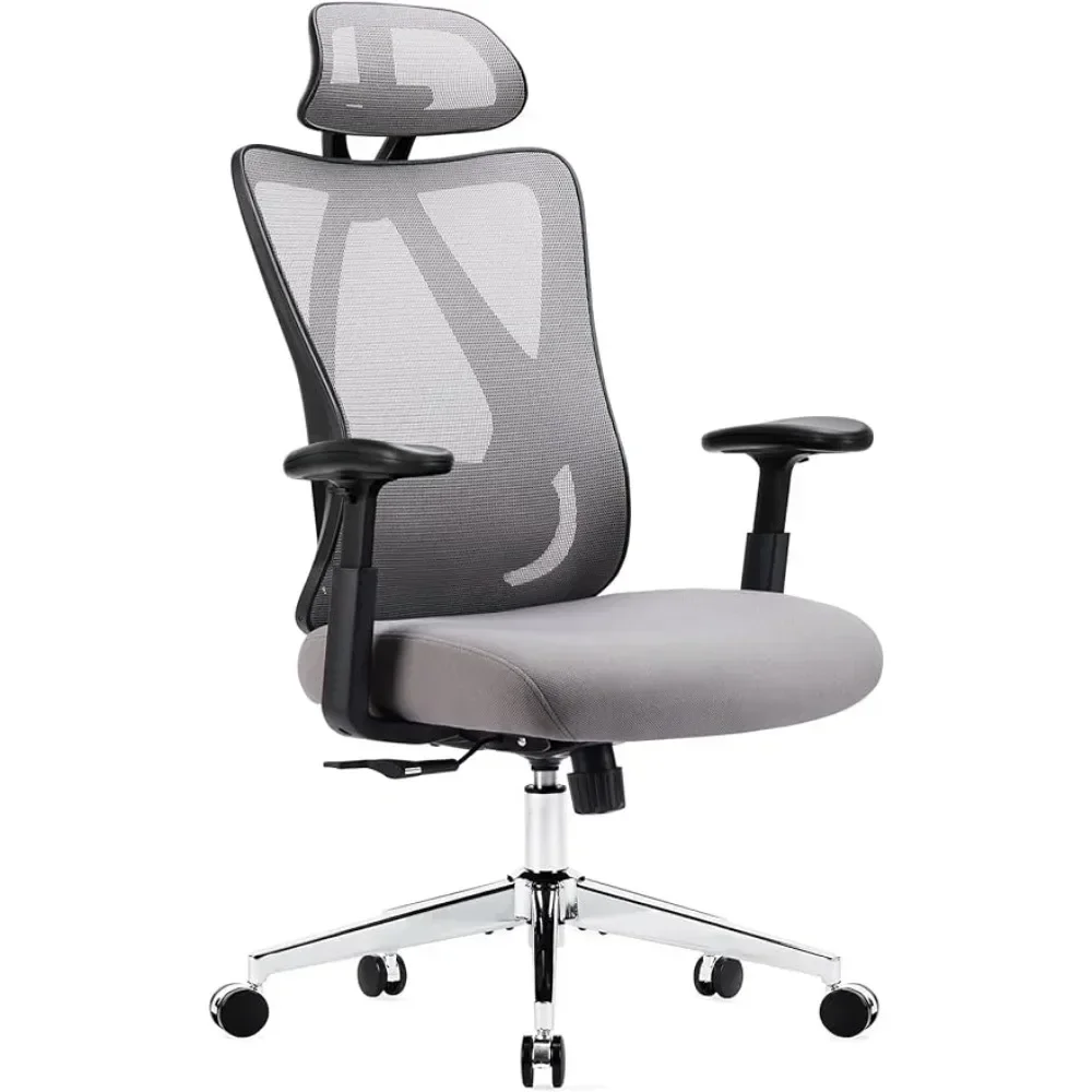 Headrest Chair Study Office Chairs 135° Tilt for Bedroom Liftable 2D Arms Adjustable Lumbar Support Grey Furniture