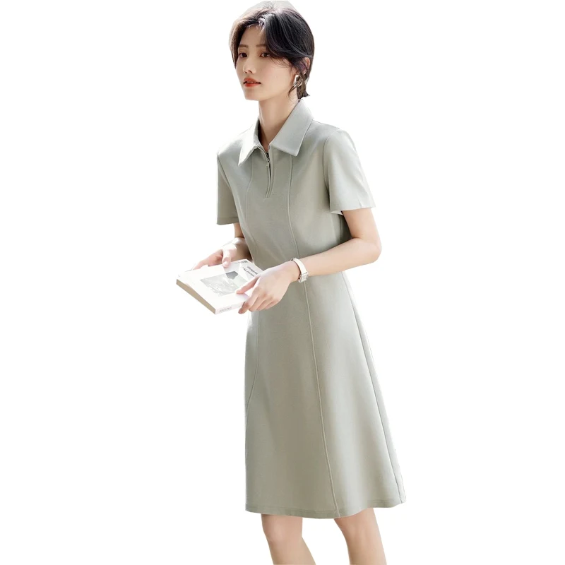 Women's Solid Color Small Fragrant Polo Neck Dress 2024 New Summer High Waist Slim Short Sleeve A-line Skirt