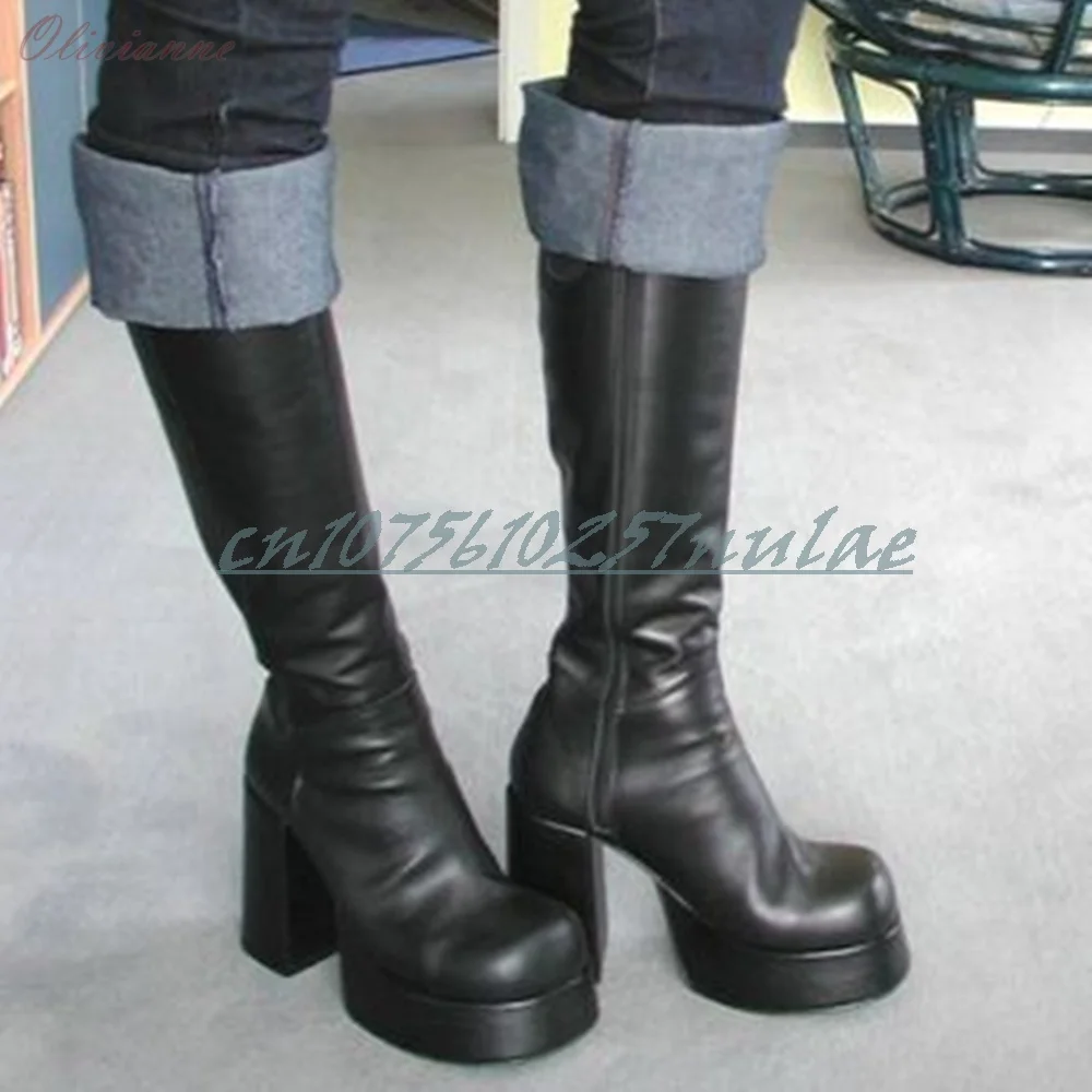

Black Retro Style Concise Mid Calf Boots Round Toe Side Zipper Chunky High Heel Platform 2026 Lady's Fashion Zapatos Para Mujer
