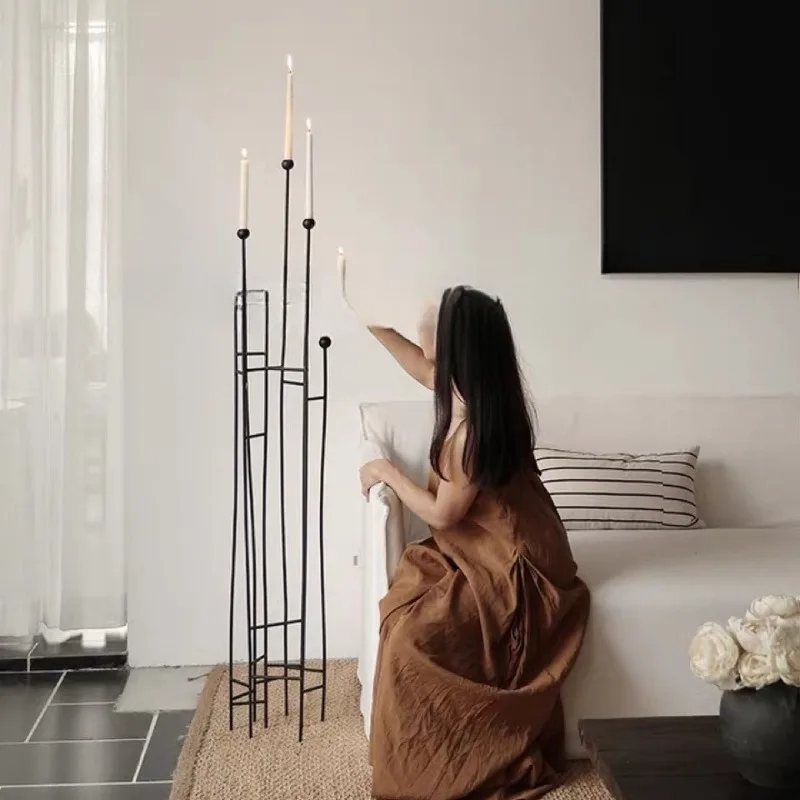 

White floor candlestick lamp holder wabi sandy wind wrought iron multi-head scented candle table holder retro zen ornament home