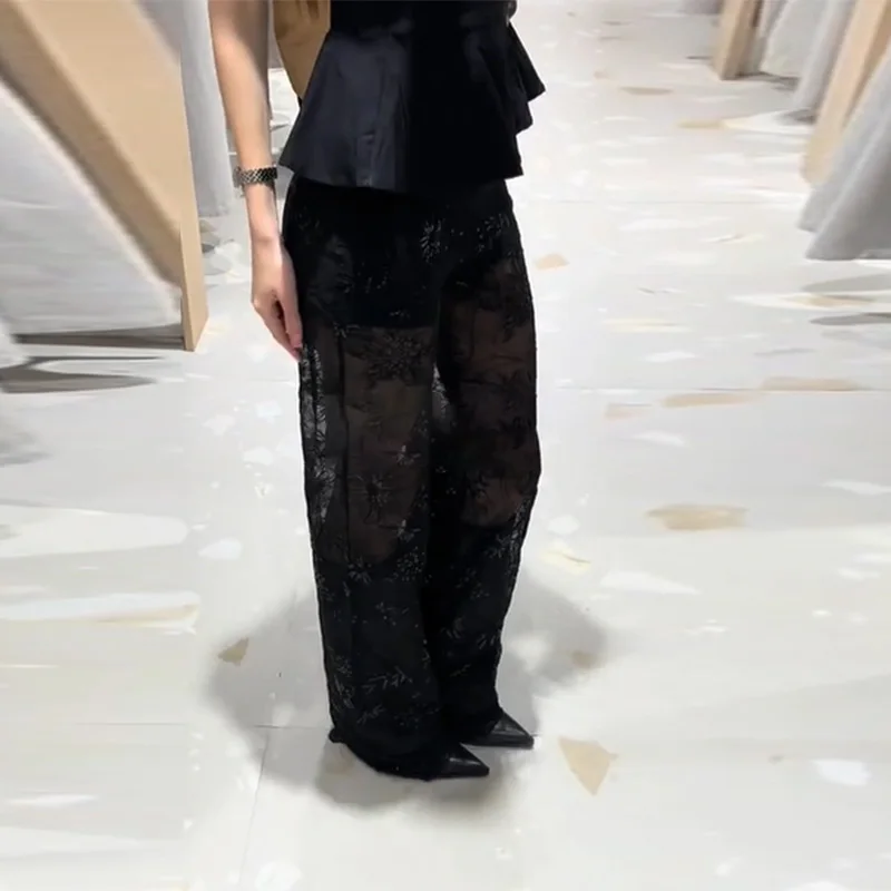 مثير شبه شفافة الدانتيل السراويل للنساء مطاطا حزام منتصف الخصر بنطلون 2025 جديد عصري Y2K حبة التطريز السراويل الطويلة