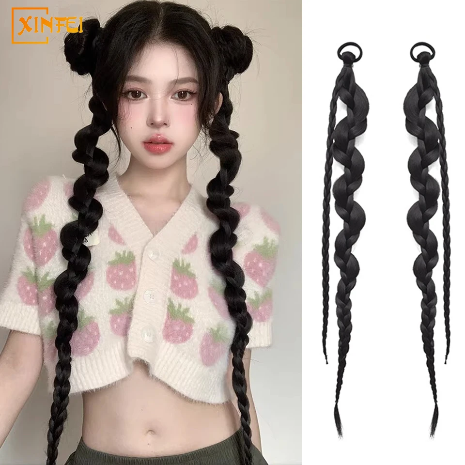 27-inch Synthetic Wig Female Ponytail Twist Long Braid Sweet Cool Spice Girl Boxing Braid Fluffy Long Twisted Braid Wig