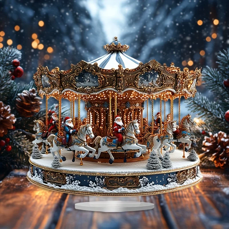 1PCS 2D Santa Claus Theme Acrylic Music Box Carousel Tabletop Decor Multipurpose Rotating Merry-Go-Round Home Christmas Gift
