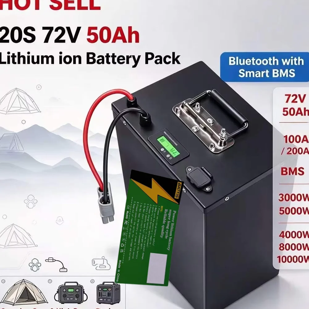 20S 72V 50Ah 50A Lithium ion battery Pack li-ion with 100A 200A smart Bluetooth BMS 3000W 5000W 8000W 10000W Camping Gear