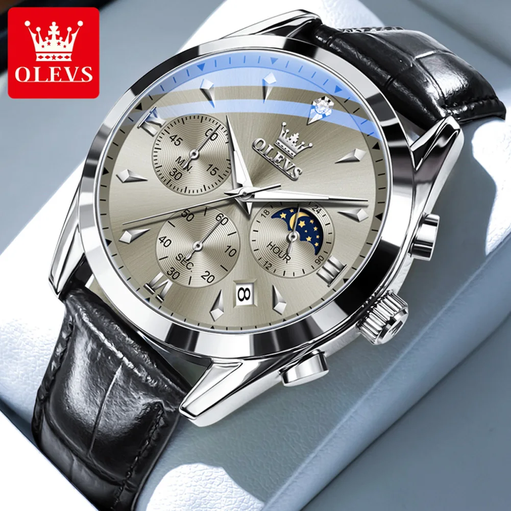 OLEVS Luxury Men\'s Watches Leather Strap Waterproof Luminous Chronograph Moon Phase Man Watch Top Original Quartz Watch for Men