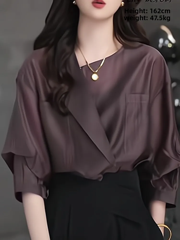 

Ele Commuter Sle Women's irt Unique Collar Pleated Sve Summer New Faion Versatile Top Trendy Korean Loose Fit