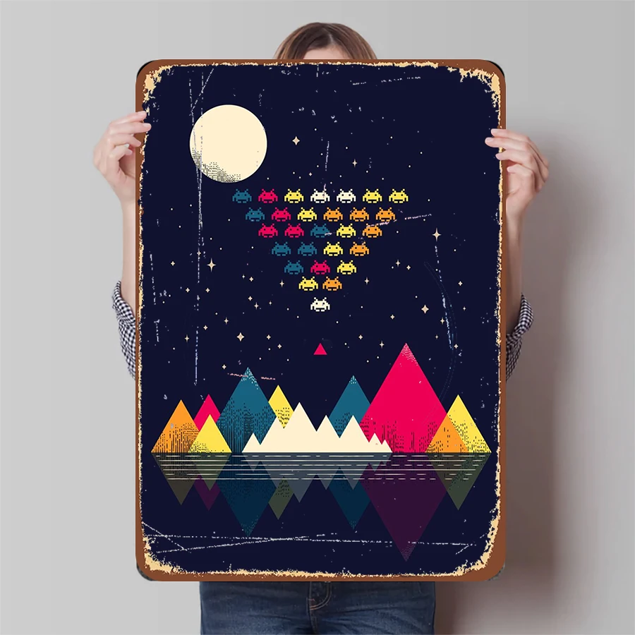 Retro Space Invaders Pixel Art Metal Tin Sign Living Room Bedroom Wall Decor Game Theme Home Decoration