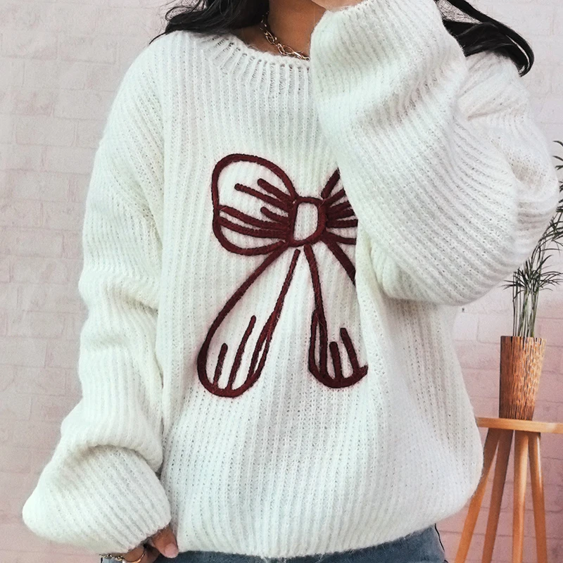 

Пуловер с бантом и вышивкой, джемпер 2025, модный простой топ с круглым вырезом и длинными рукавами, осень-зима, элегантный свитер для женщин
