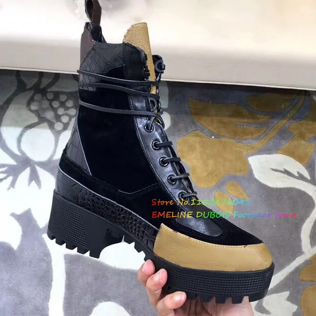 Mixed Color Lace-Up Women Short Boot Round Toe Leather Thick Sole Platform Color Blocking Mesh High Top Warm Boots For Winter