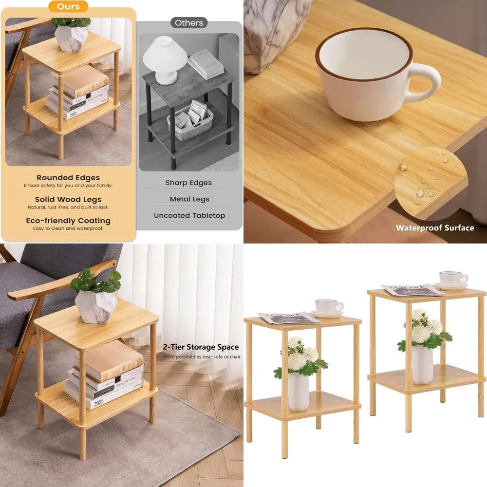 

2-Piece Wooden End Table Set, Compact Side Tables with Storage, Bohemian Style Nightstands for Small Spaces, Suitable for Bedroo