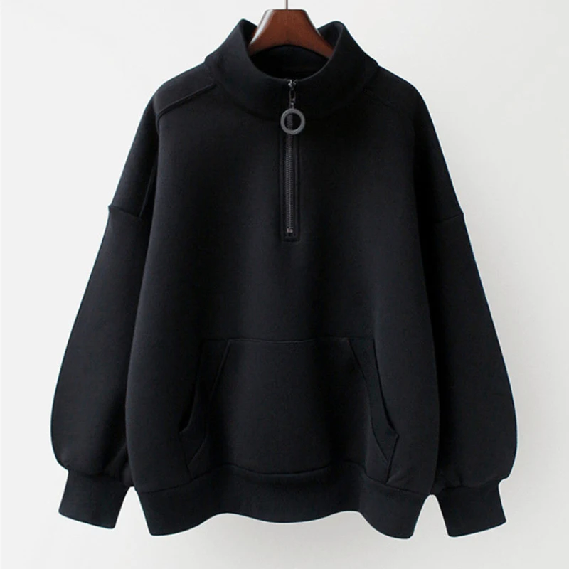 Pullover Women Sweatshirt Fall Casual Black Fashion Zipper Loose Long Sleeve Harajuku White Ladies Solid White Thin Coats