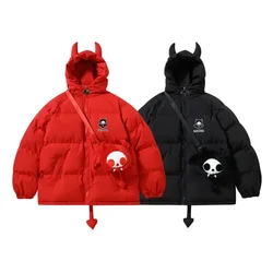 Creatieve High Street Winter Warm Y 2K Jas Paar Losse Capuchon Bubble Jas Kleine Duivel Cartoon Parka Met Vleugels En Staart