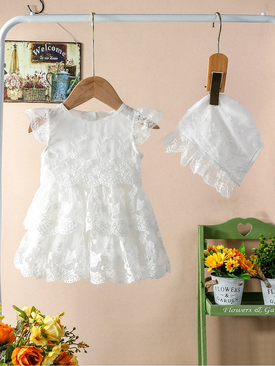 Newborn Baby Gilrs Sleeveless Summer White Lace Active Fashion Dress +Hat