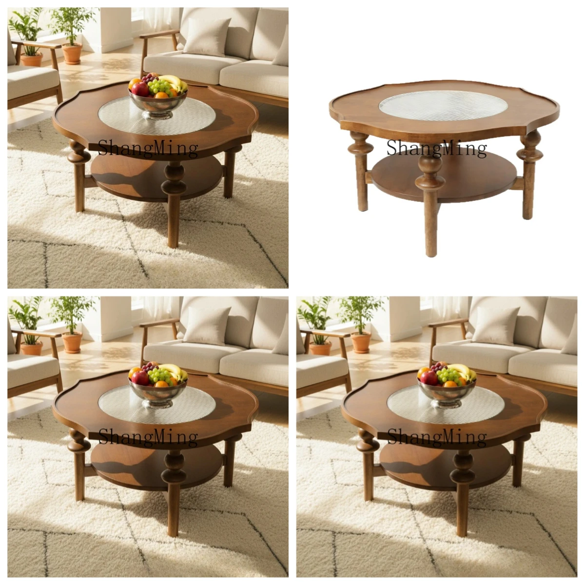 

ZYY retro solid wood lotus round coffee table living room household small apartment small coffee table medieval tea table
