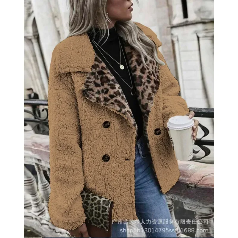 Women Warm Fleece Coat Jacket Autumn Winter Vintage Fashion Long Sleeve Lapel Collar Leopard Patchwork Plush Outwear