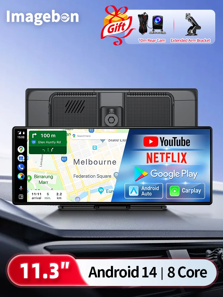 Imagebon 11,3 Zoll Android 14 Rückspiegelkamera 8-Kern 4+64G CarPlay & Android Auto Autoradio-Bildschirm mit Google Play YouTube GPS-Navigation KI-Sprachsteuerung DVR