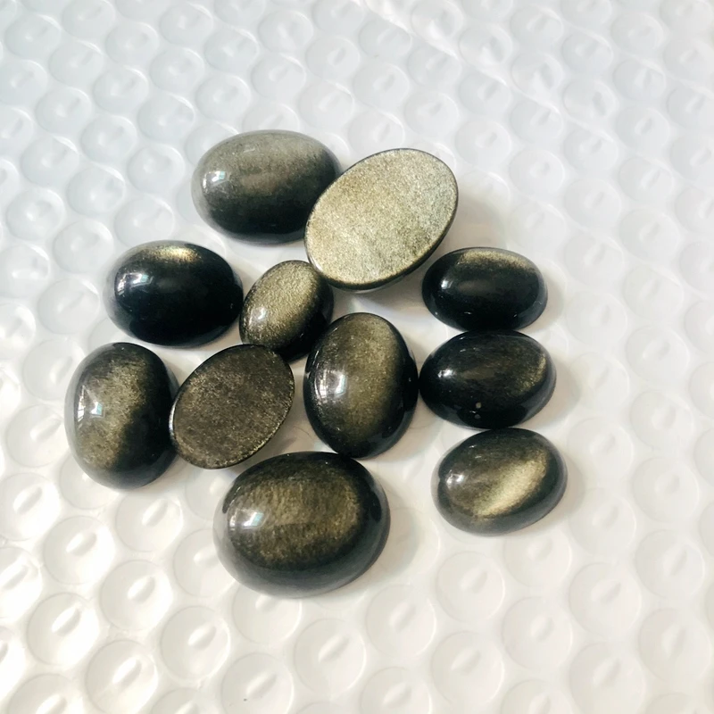 PANGEM-Promotion!5Pcs/Pack Mixed Free Size Natural Golden Obsidian Beads Cabochons,Cat\'s Eye Gemstone Cabochon Ring Face,15-26mm