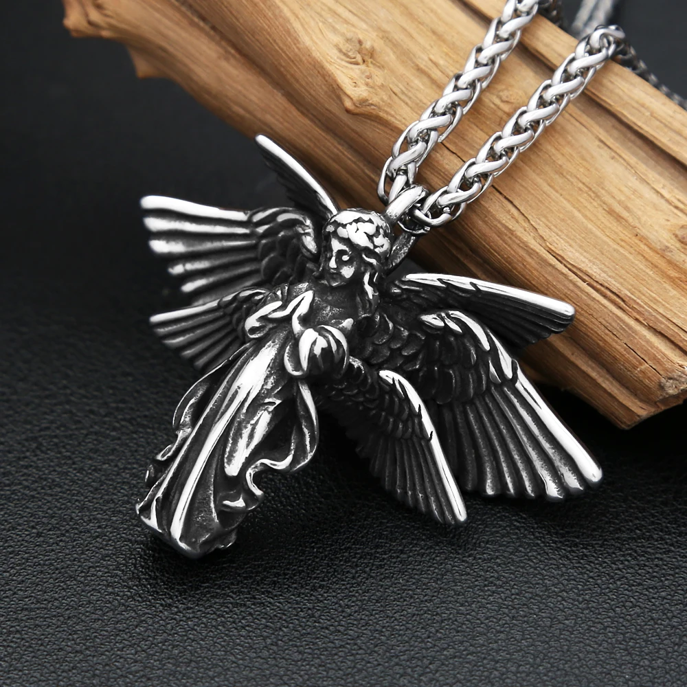 Vintage 316L Stainless Steel Guardian Angel Wings Pendant Necklaces For Men Women Fashion Praying Hand Amulet Jewelry Wholesale