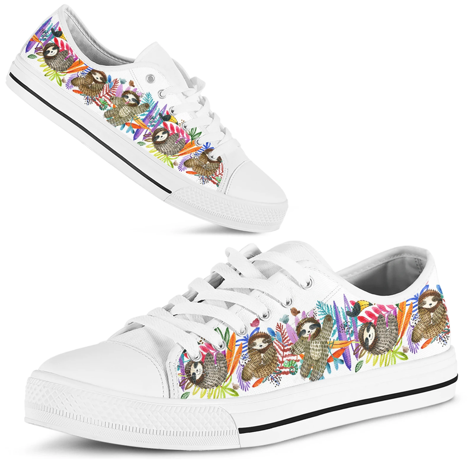 ELVISWORDS Cute Sloth Art Animal Needs Custom Shoes White Lightweight Outdoor Canvas Shoes Lace-up Flats Cartoon Sneakers