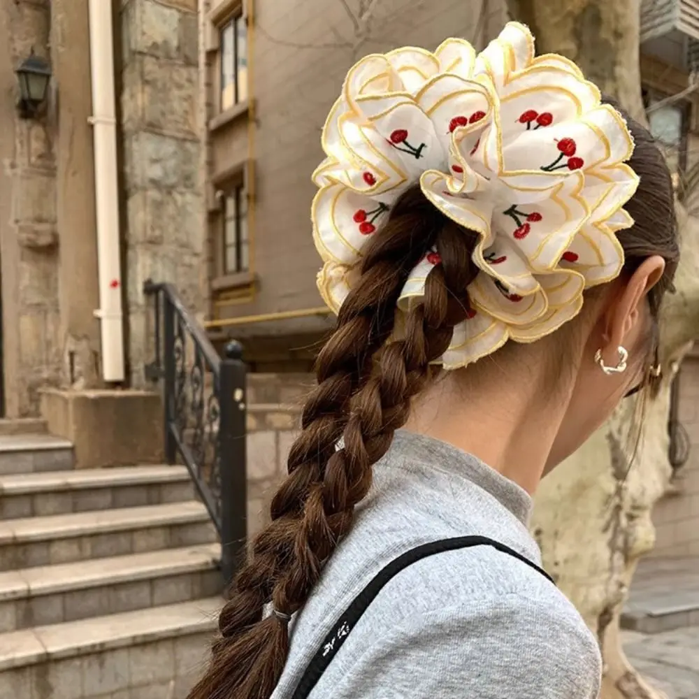 

Flower Shape Embroidery Cherry Lace Scrunchies Hair Tie Cloth Elastic Hair Bands Ballet Style Oversize Exaggerated Hair Rope