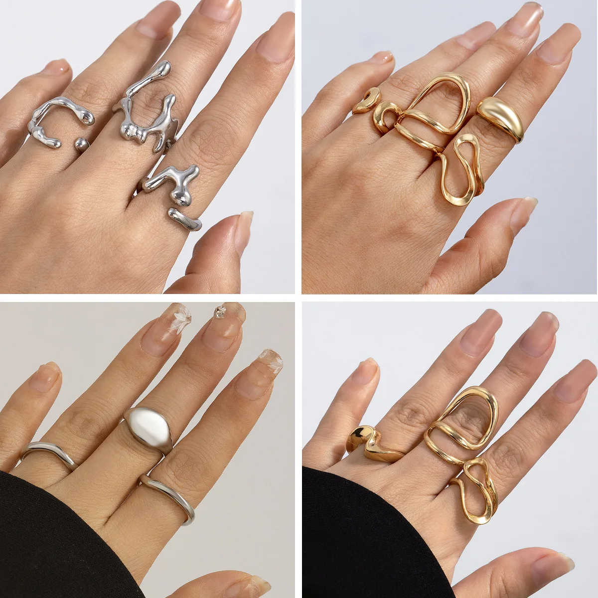 

Niche Hollow Liquid Design Ring Simple Irregular Lava Opening Glossy Ring Set