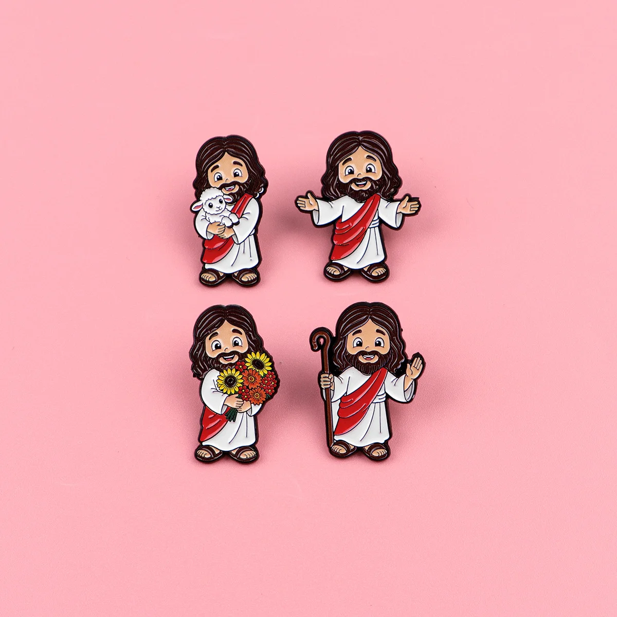 4pcs Cartoon Good Shepherd Jesus Lapel Pin Religious Christian Brooch Jesus With Sheep Flower Metal Badge Baptism Souvenir