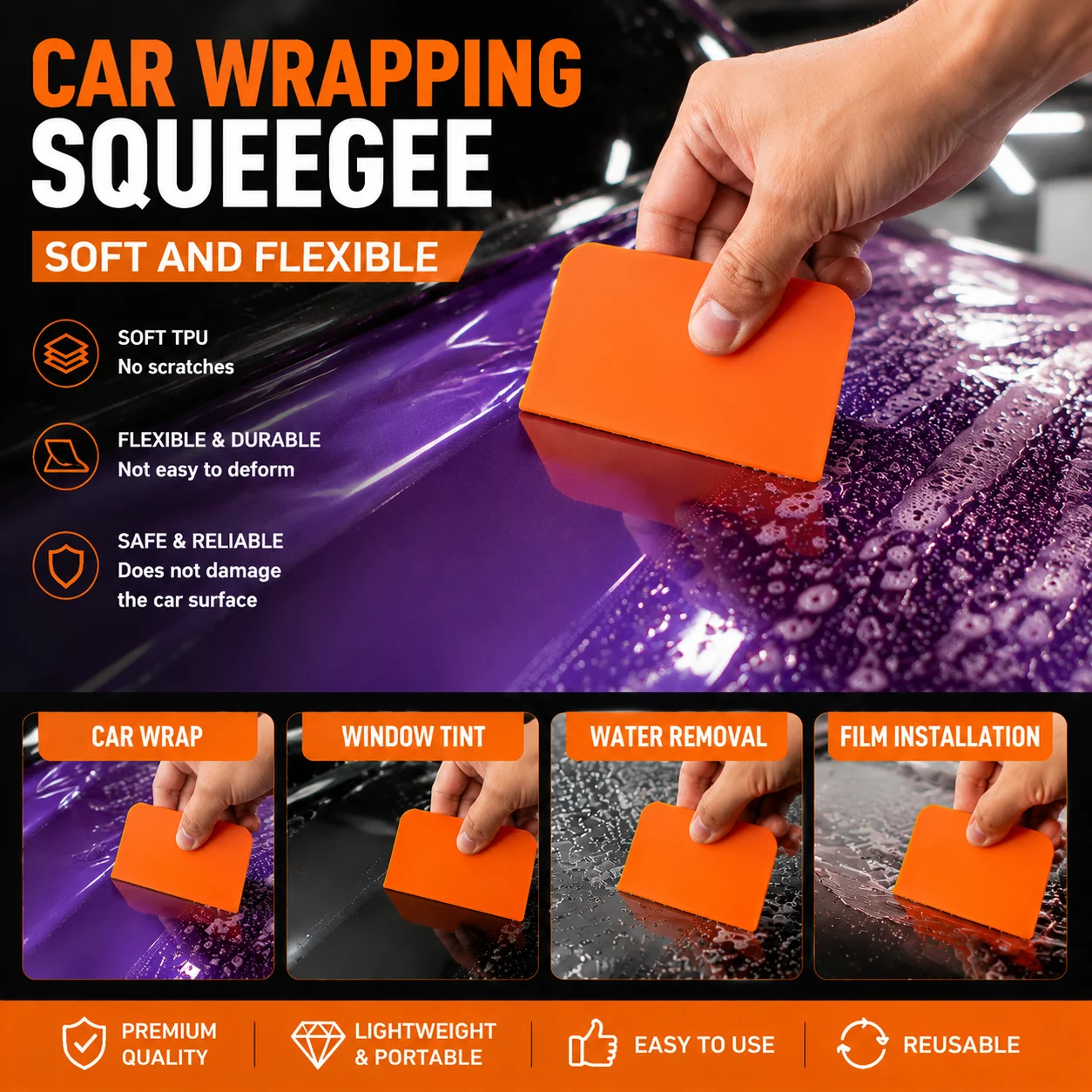 Soft TPU Car Wrap Squeegee, PPF Vinyl Film Installation Tool, Water Bubble Remover, Scraper, Flexible Auto Window Tint Wrapping