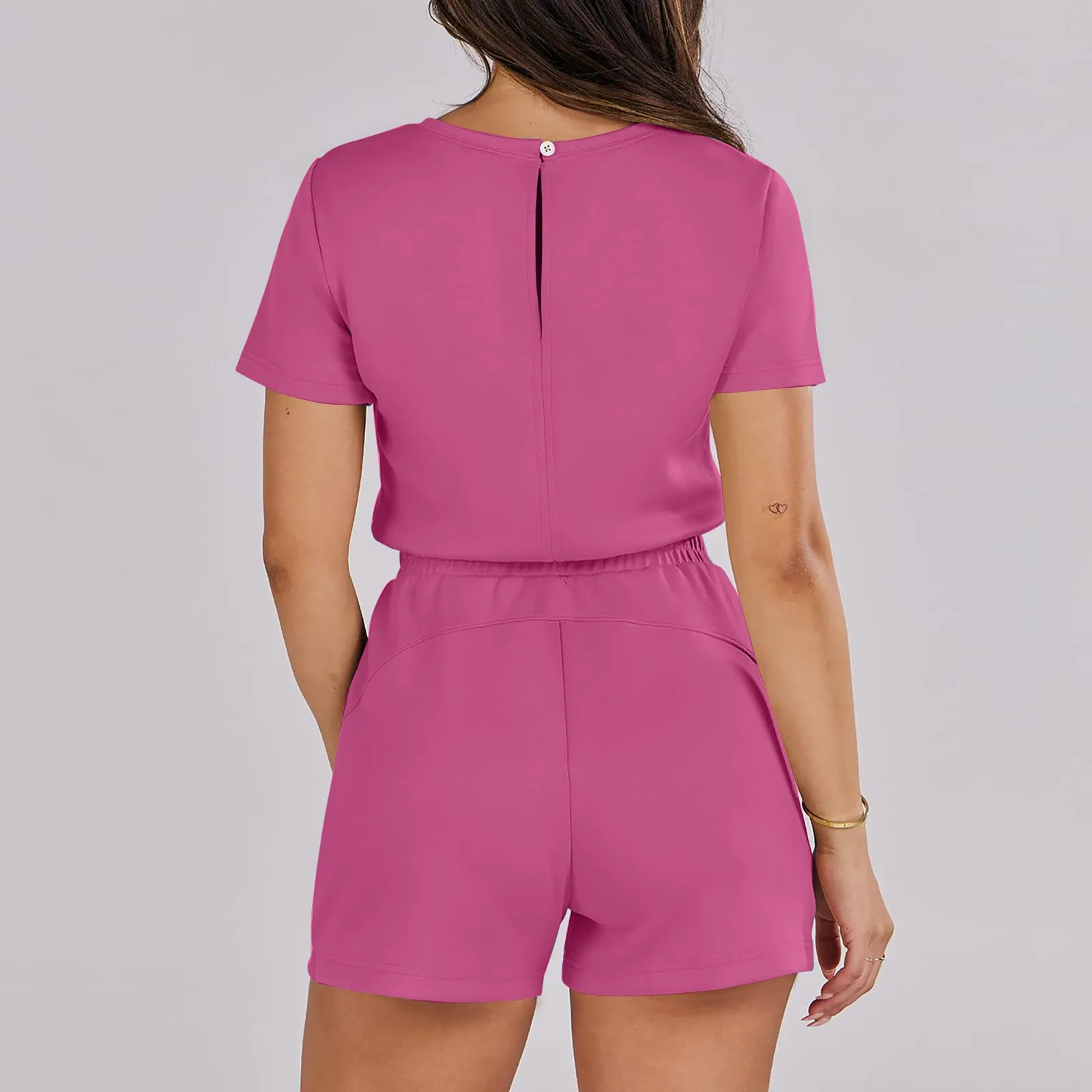 Women Regular Shorts Rompers Summer Casual Crewneck Short Sleeve Drawstring Waist Pockets Jumpsuits Comfy Simple Solid Rompers