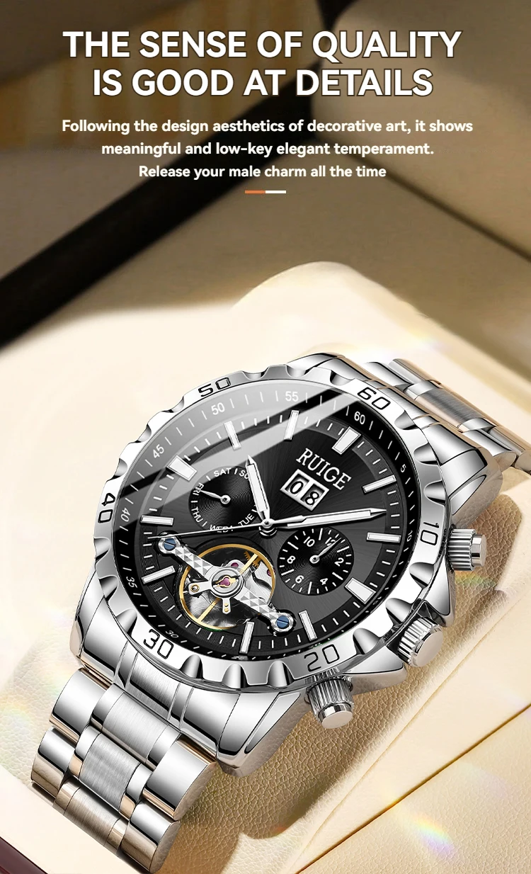 RUIGE Modische Trend-Herrenuhr mit Drei-Zifferblatt-Sechs-Zeiger-Edelstahlarmband, Automatische Mechanische Uhr – Detail 1
