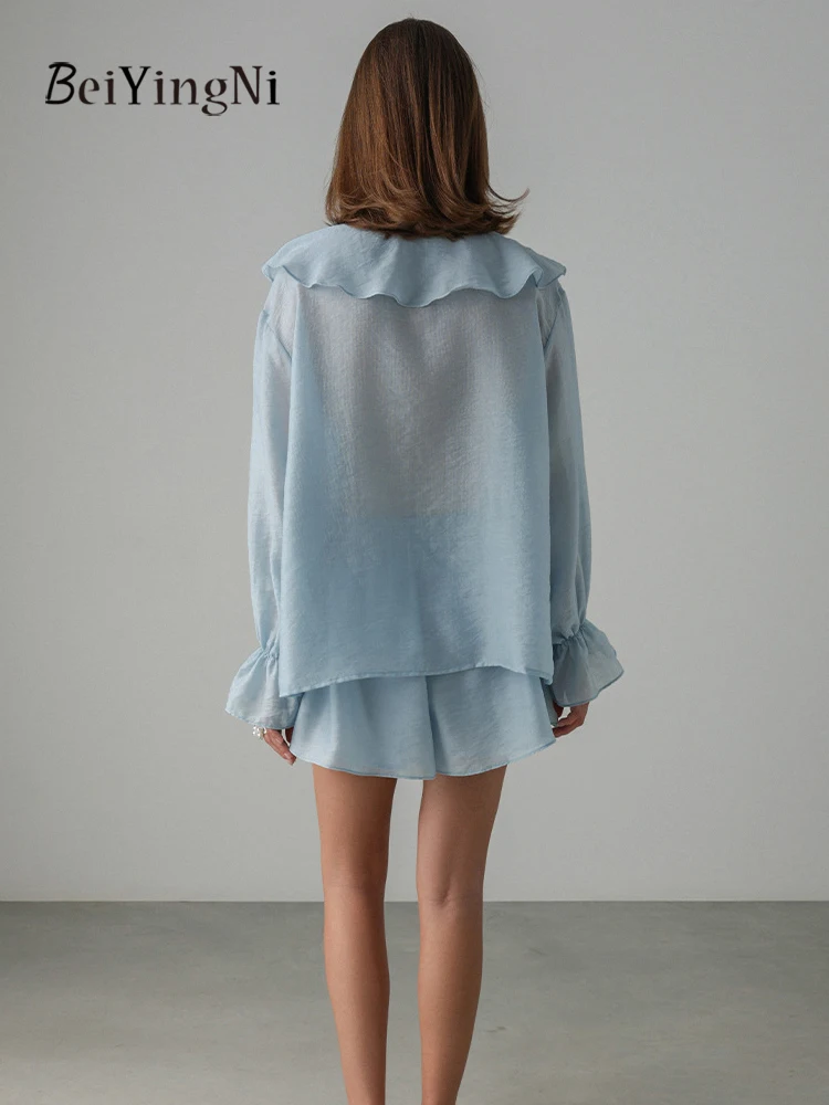 Beiyingni, camisas francesas con cuello en V, conjuntos de dos piezas para mujer, volantes, primavera Otoño, conjunto de pantalones cortos informales para mujer, Tops de calle, chándales