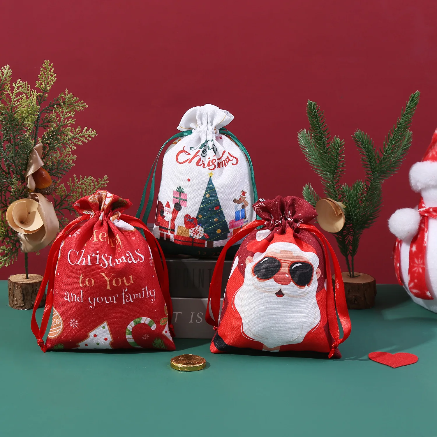 9pcs Christmas Gift Bags With Drawstring - Red Cloth Candy & Apple Packaging For Holiday Parties And Events
