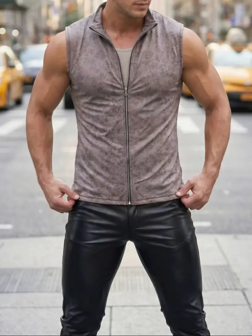 S-3XL Faux PU Leather Sleeveless Shirts Tights Gym Fitness Tanktop Elastic Tank Top Vest Zipper Waistcoat Motorcycle Overshirt