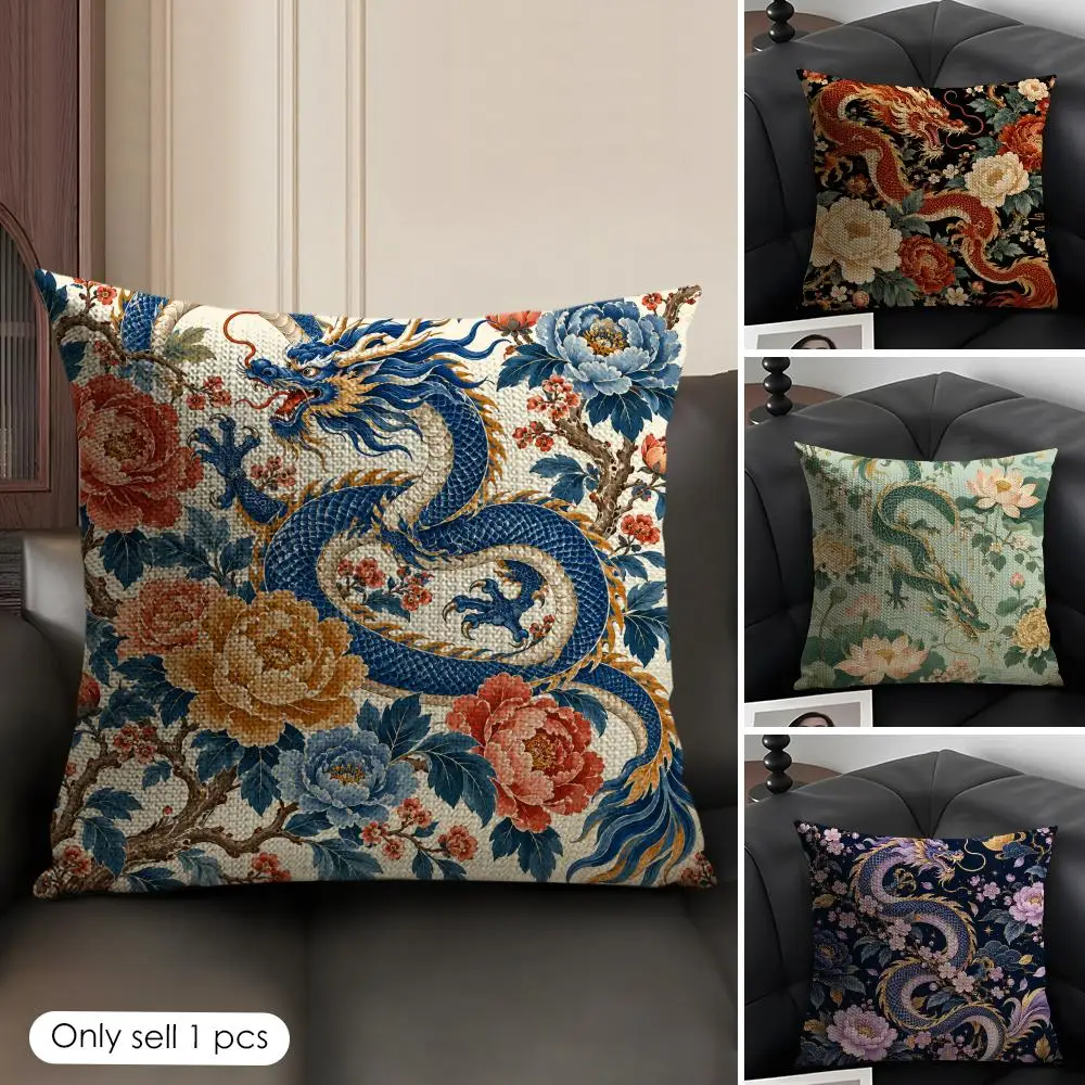 Dragon Chinoiserie Asian Culture Pattern Cushion Cover Skin-Friendly Linen Pillow Cover Durable Hypoallergenic Washable Soft