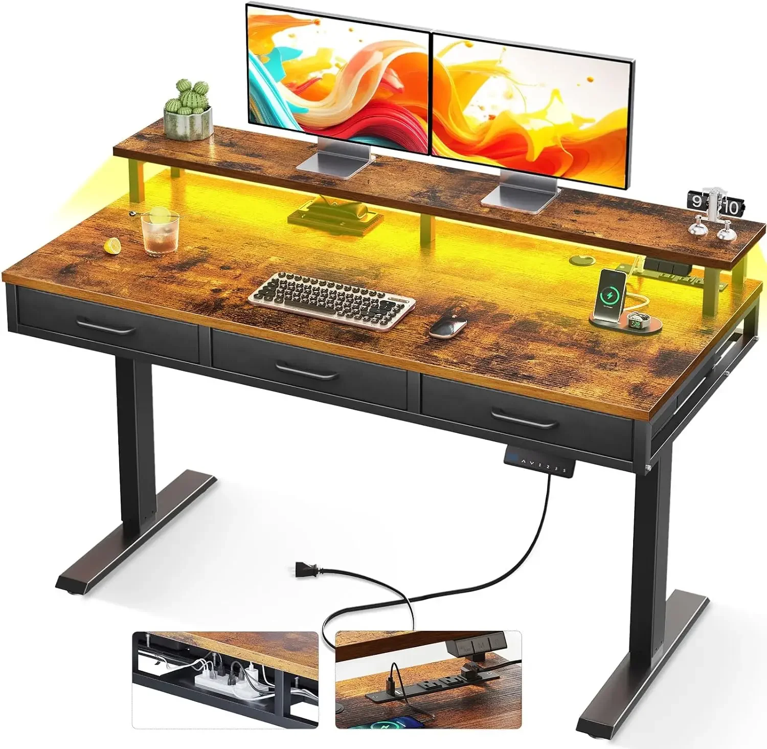 55 inch elektrisch sta-bureau met 3 lades, bruin, in hoogte verstelbaar bureau met stopcontacten en LED-verlichting, sta-bureau met