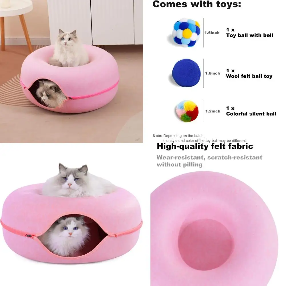 

Pink Large Cat Tunnel Bed with 3 Toys, Scratch-Resistant Donut Bed for Cats up to 30 lbs (24x24x11)