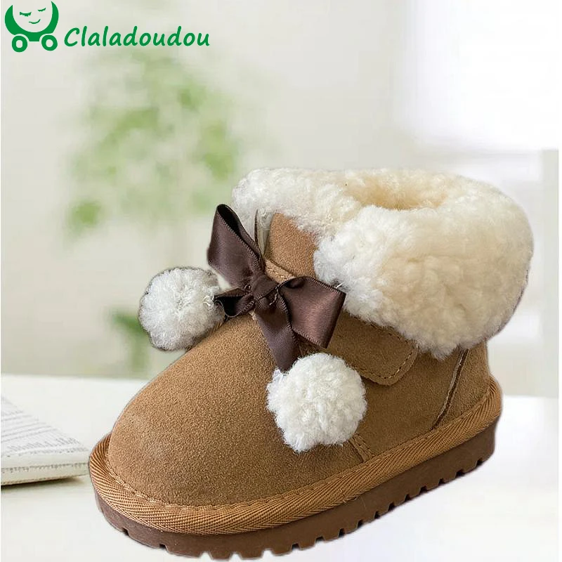 

Cow Suede Children's shoes For Winter,Antelope Brown Boots for girls With Cute Pompom Lace Bowtie Baby Women Thick Plush Walkers