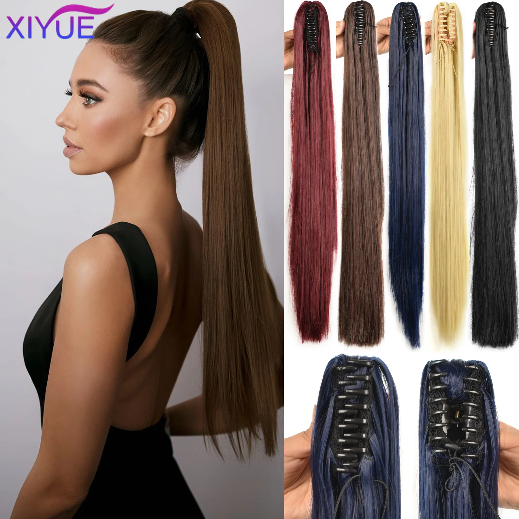 

32Inch Synthetic Long Straight Claw Clip On Ponytail Hair Extensions Heat Resistant Ponytail Blonde Black Hairpiece for Women