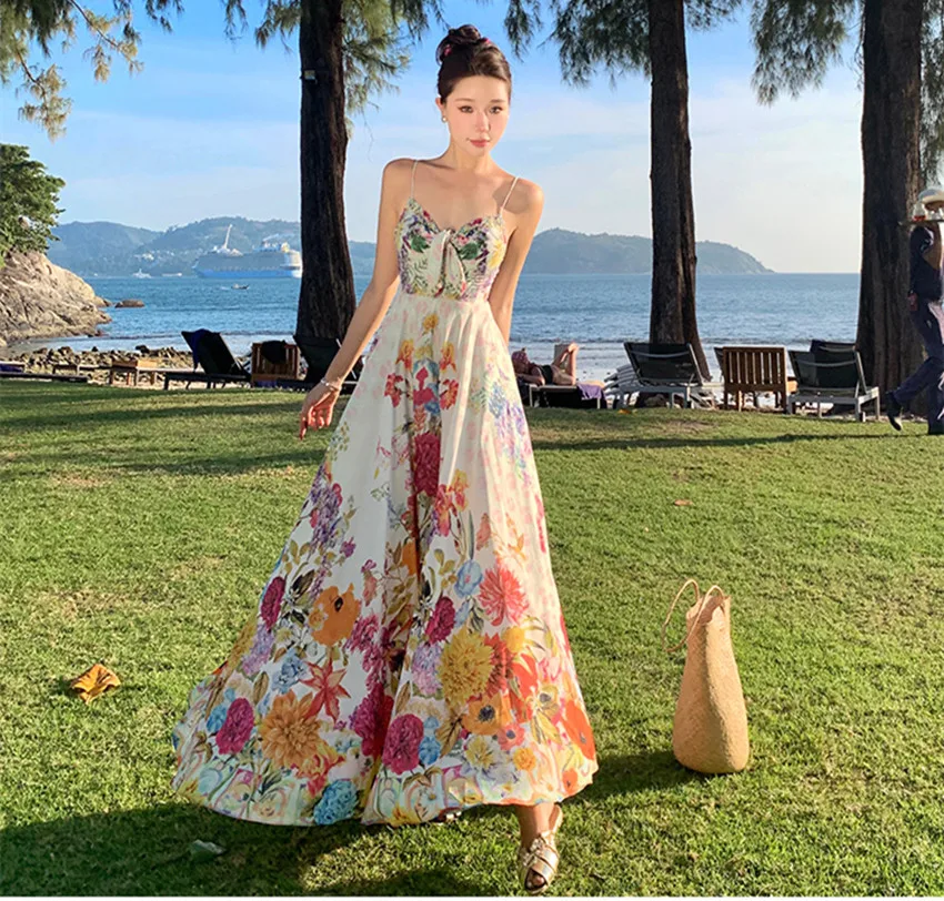 Bohemian Summer Holiday Beach Long Colorful Flower Dress Elegant Women Sexy Spaghetti Strap Printed Chiffon Backless Maxi Robe